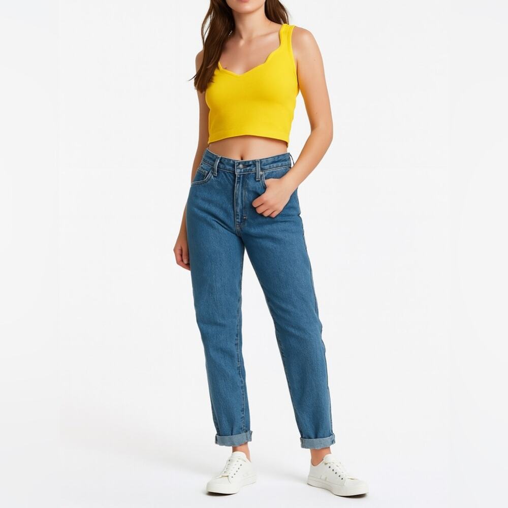 VINTAGE SIMPLY BASIC Cotton Cropped Tank Top | M | Yellow | 90s Retro Summer